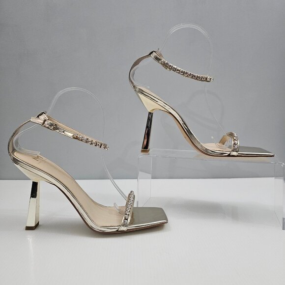 Marc Fisher Karima Rhinestone Heel Sz 9 Metallic Gold Leather Ankle Strap Sandal - Picture 4 of 16